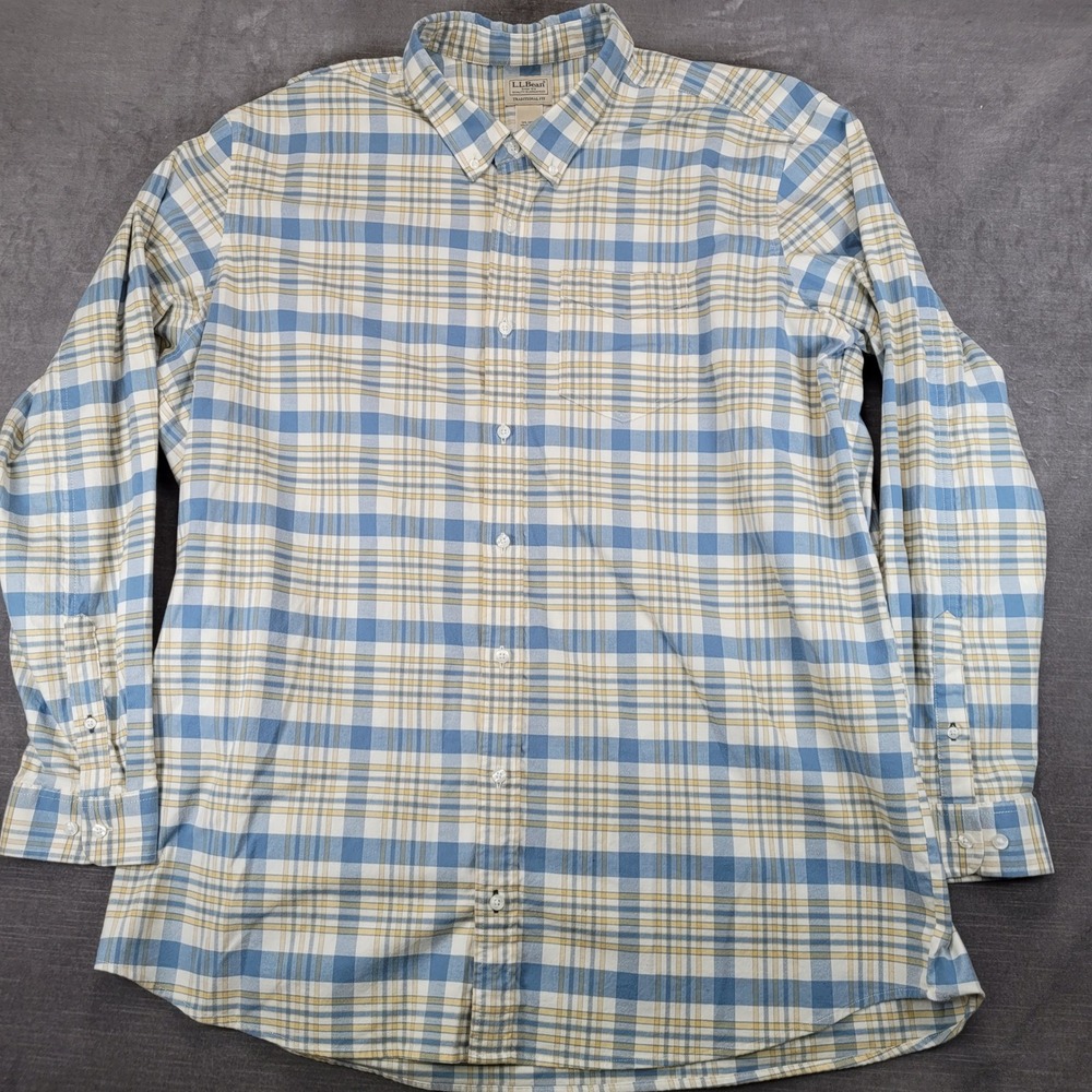 LL Bean Mens 2XL Tall Plaid Button Down Shirt Blue Yellow Traditional Fit
